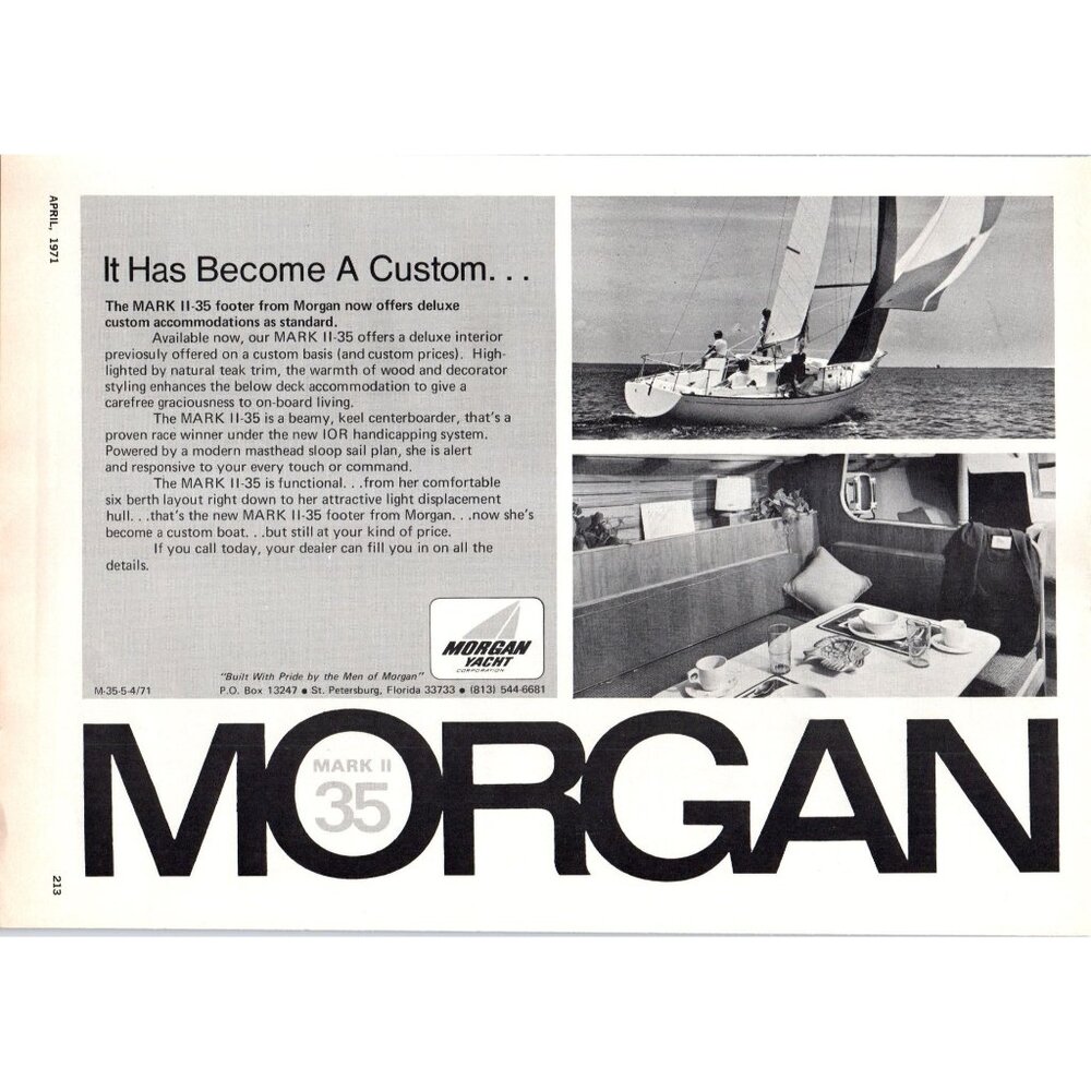 1971 Morgan Mark II-35 Sailing Yacht Vintage Print Ad Cabin Interior Wall Art